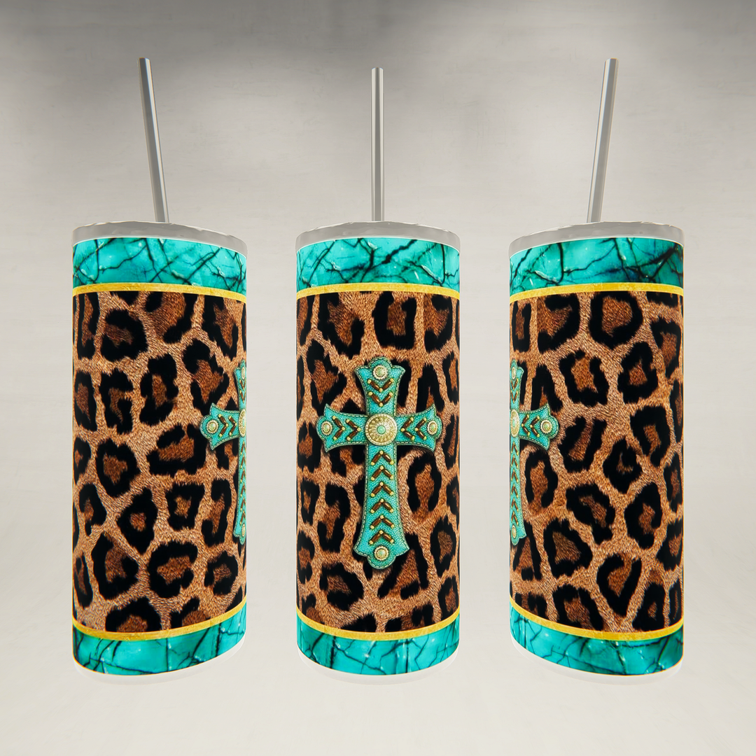 Leopard Print with Turquoise Cross- 20 oz Skinny Tumbler