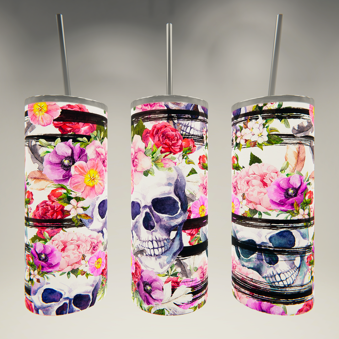 Skulls and Flowers- White and Pink- 20 oz Skinny Tumbler