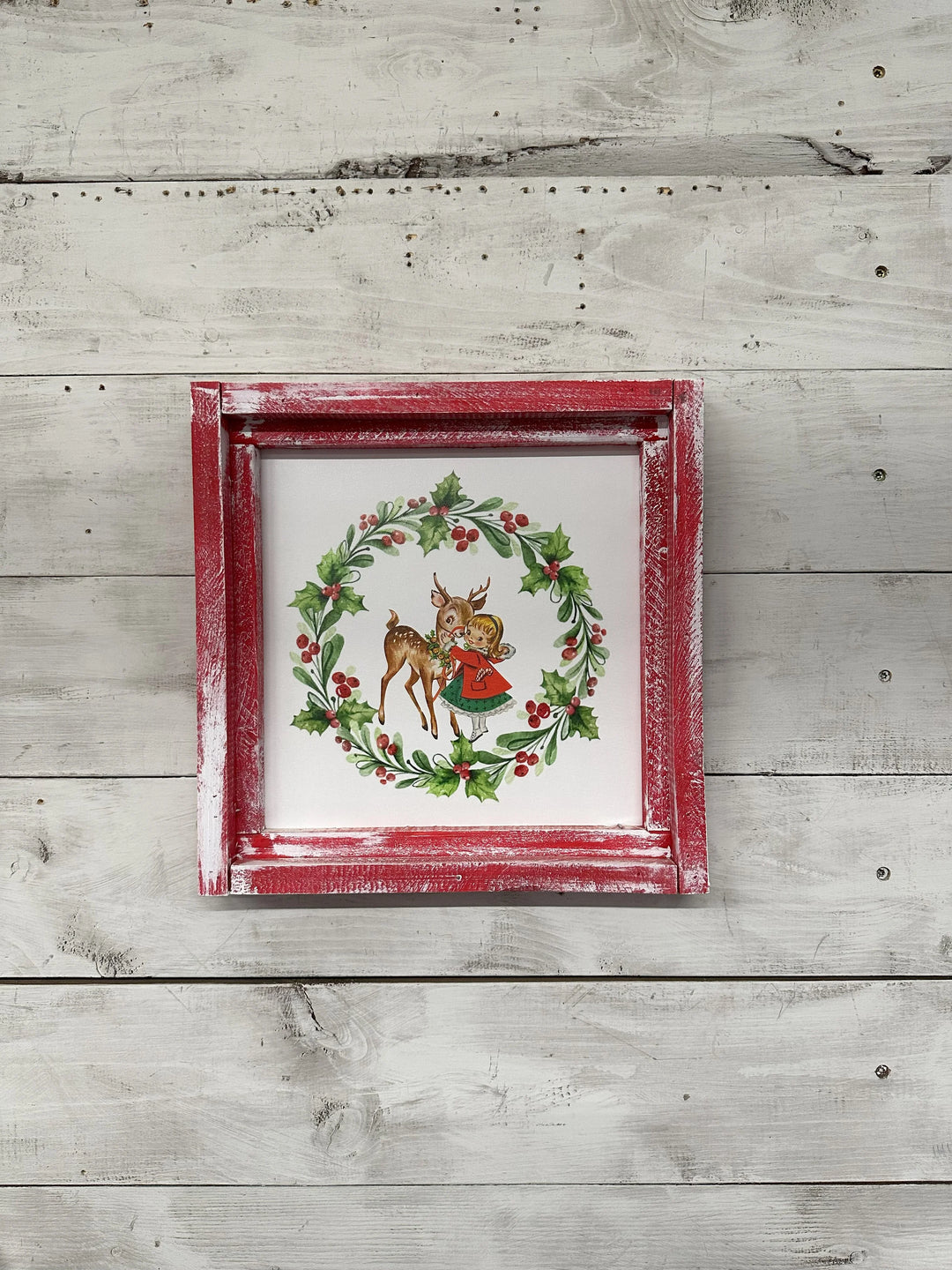 Vintage Girl and Reindeer with Wreath Canvas Print