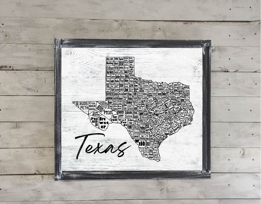 Texas County Map Printed Canvas
