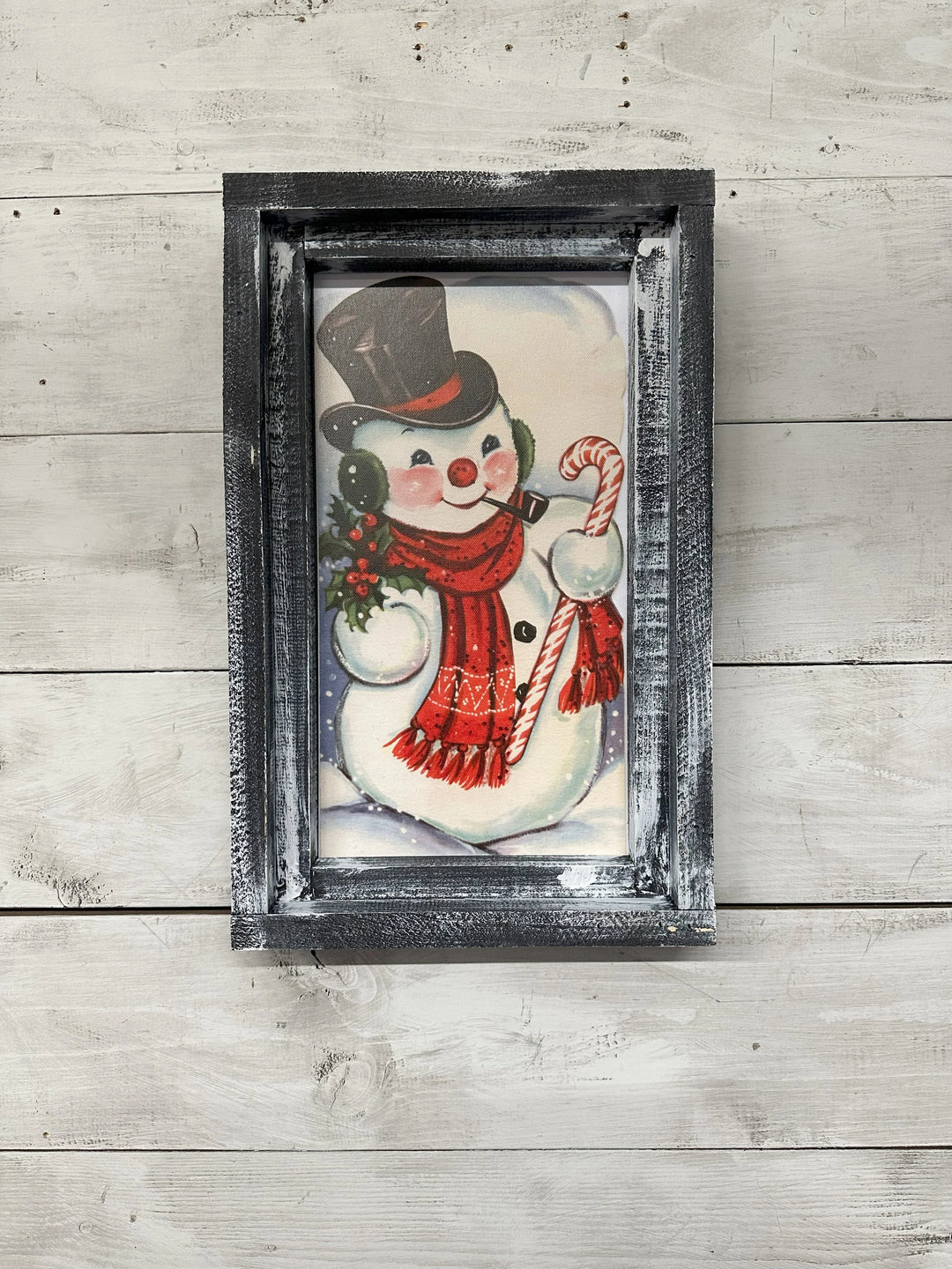Vintage Snowman with Candy Cane Canvas Print