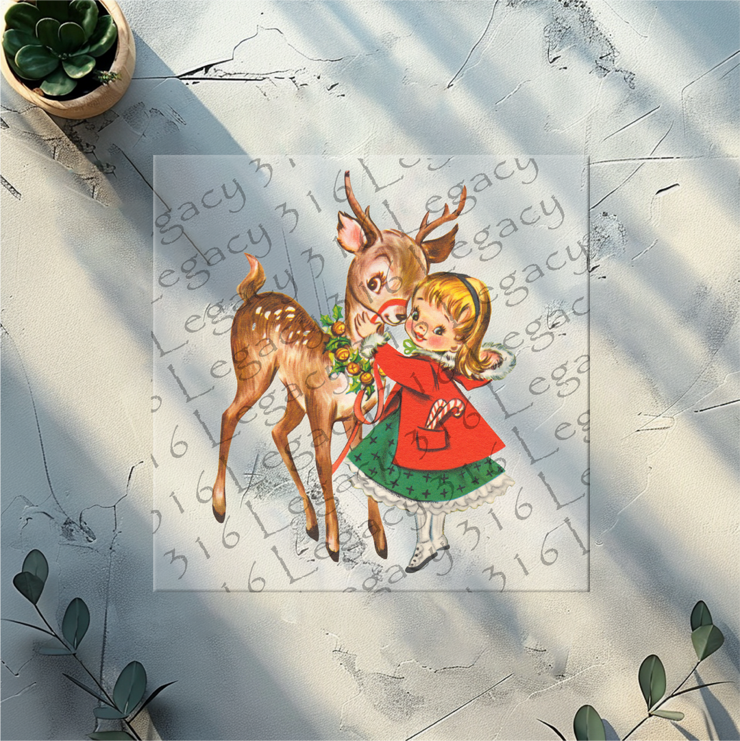 Vintage GIrl and Reindeer, Christmas- DTF Ready to Press