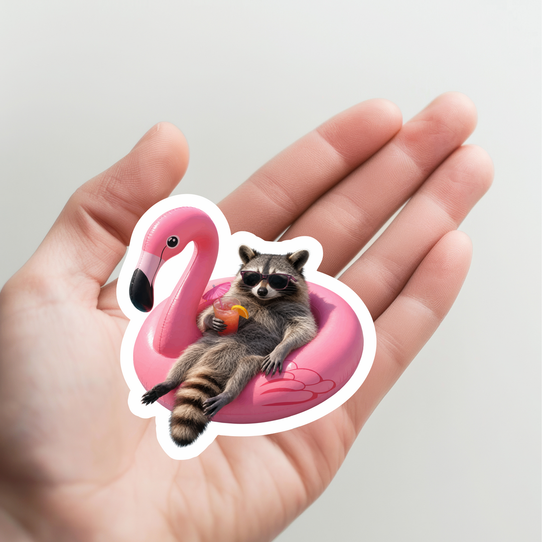 Raccoon Drinking in Flamingo Float Sticker