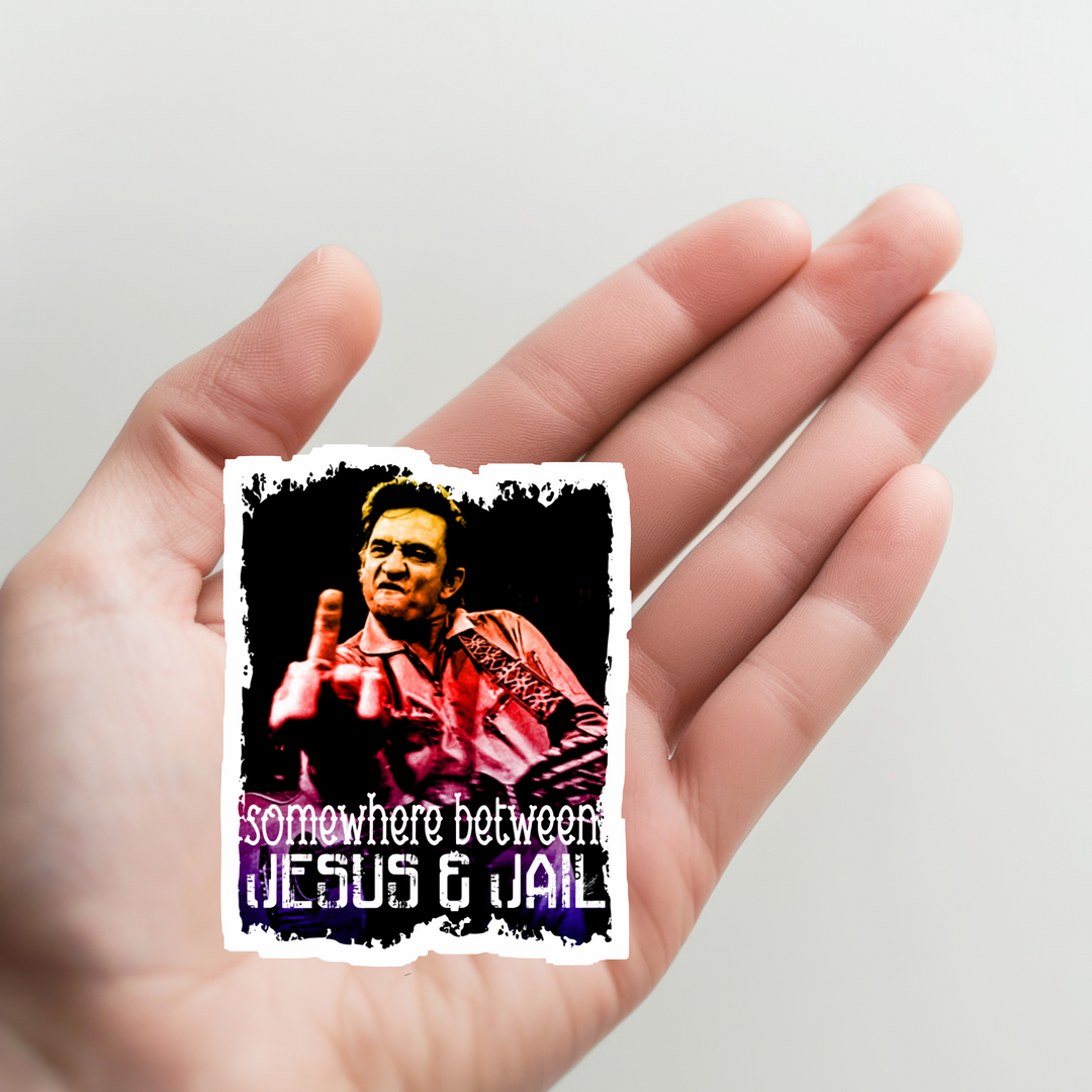 Johnny Cash Somewhere Between Jesus and Jail Sticker