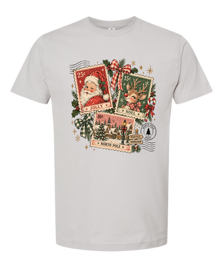 Christmas Stamps, Santa, Reindeer, Snowman Shirt