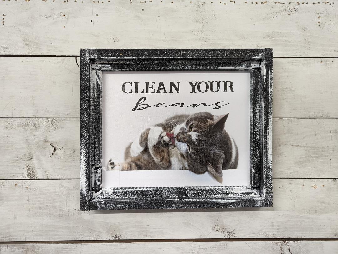 Cat Clean Your Beans Canvas Print