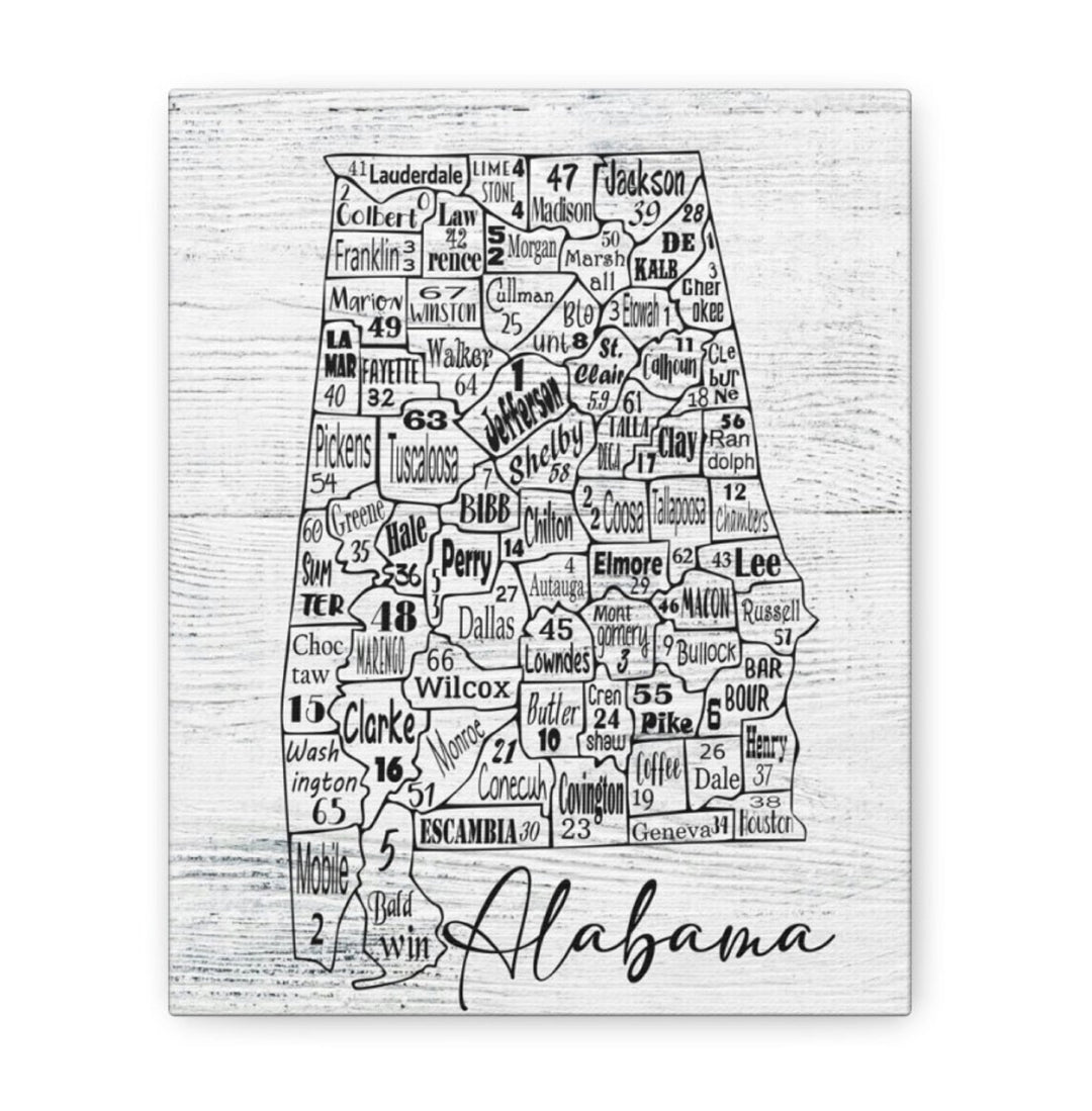 Alabama County License Plate Map Wrapped Canvas