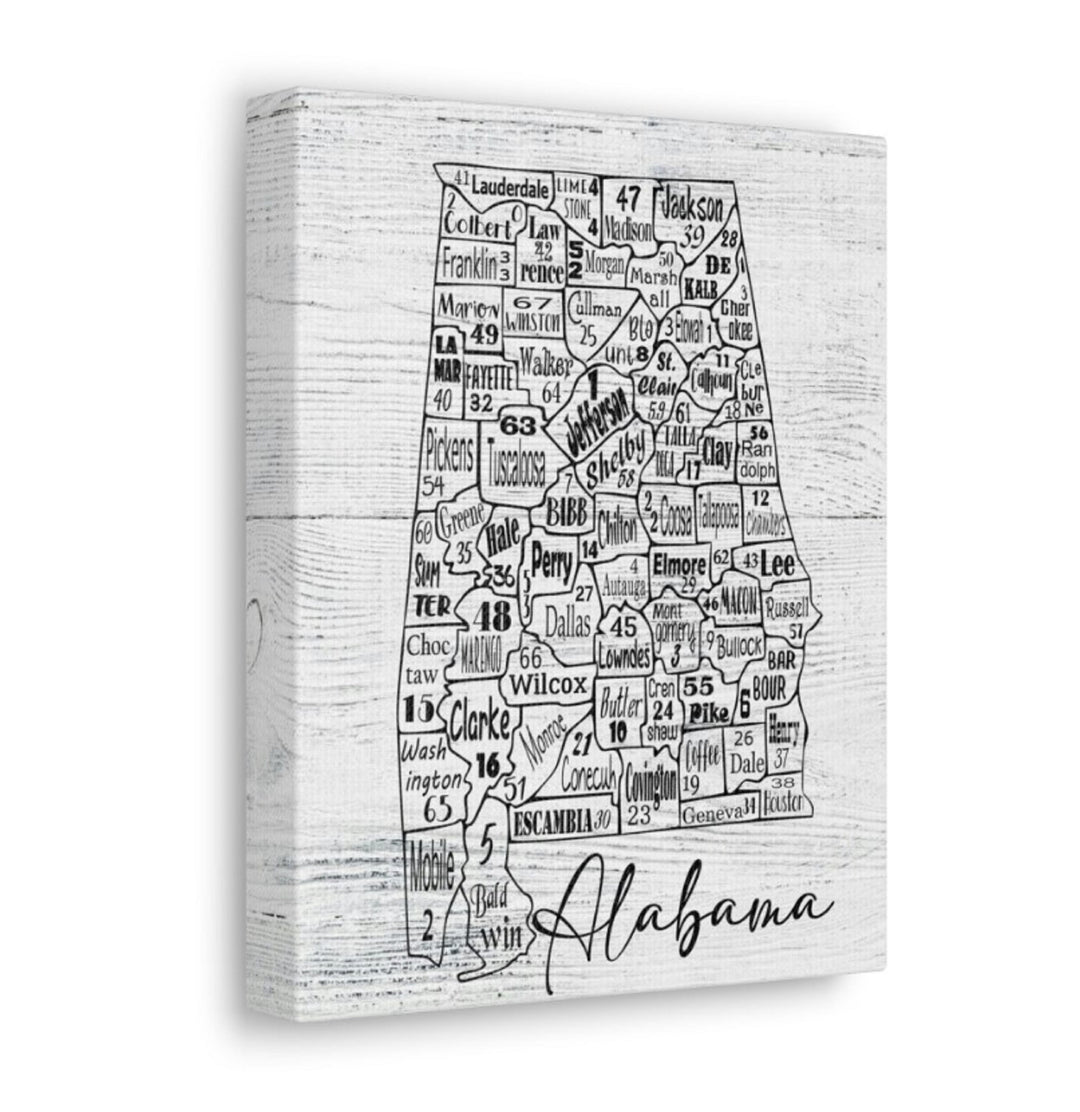Alabama County License Plate Map Wrapped Canvas