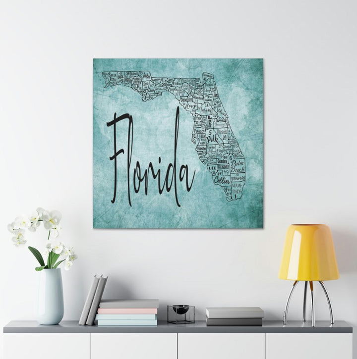 Florida County License Plate Map Nautical Blue Wrapped Canvas