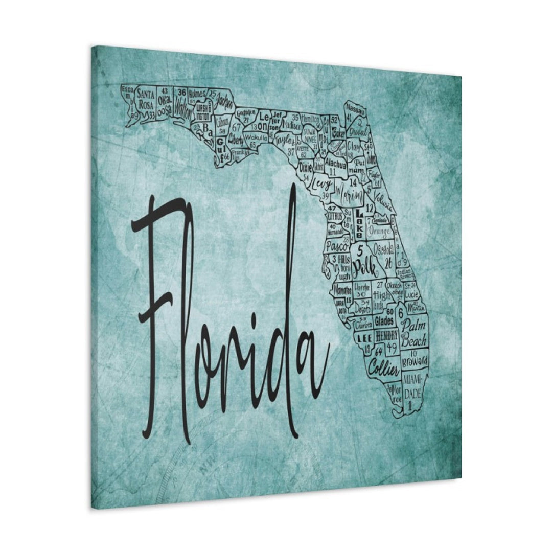 Florida County License Plate Map Nautical Blue Wrapped Canvas
