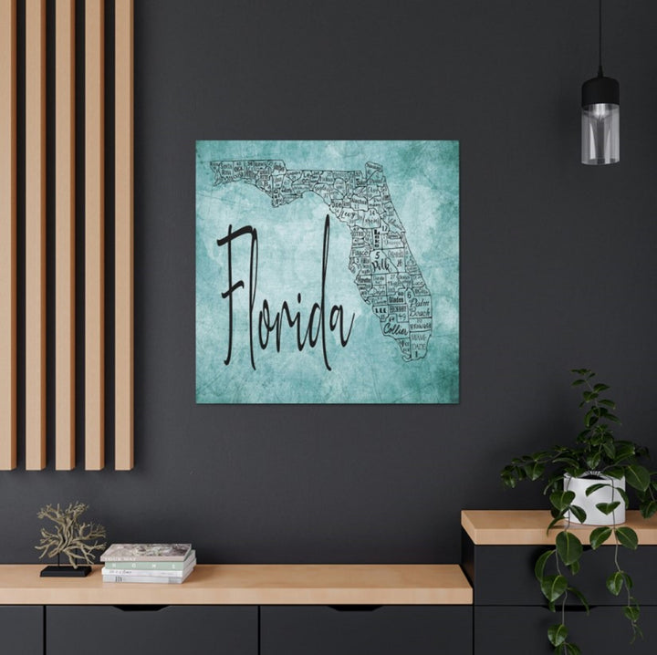 Florida County License Plate Map Nautical Blue Wrapped Canvas