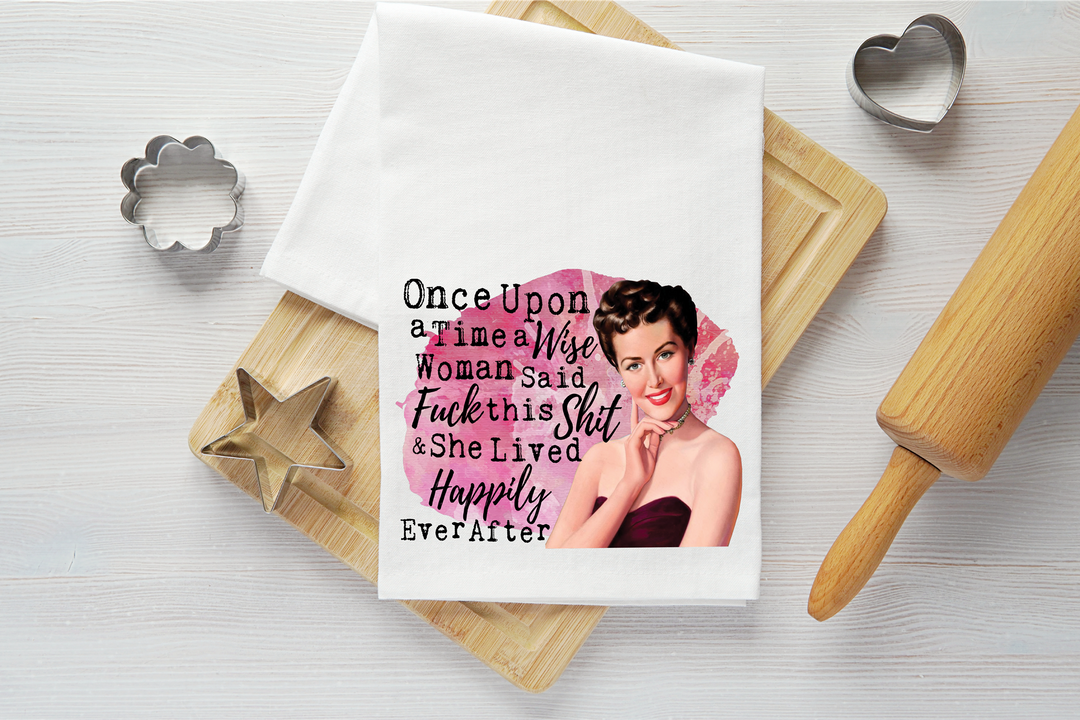 She Lived Happily Ever After Vintage Graphic Tea Towel