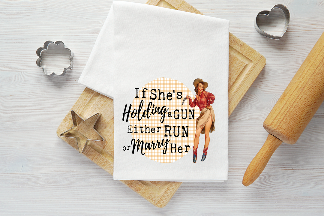 She's Holding a Gun Vintage Graphic Tea Towel